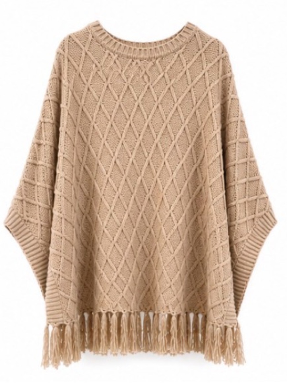 🆕 [A Ruby] Diamond Oatmeal Beige Diamond Knit Fringe Poncho Sweater M/L NWT